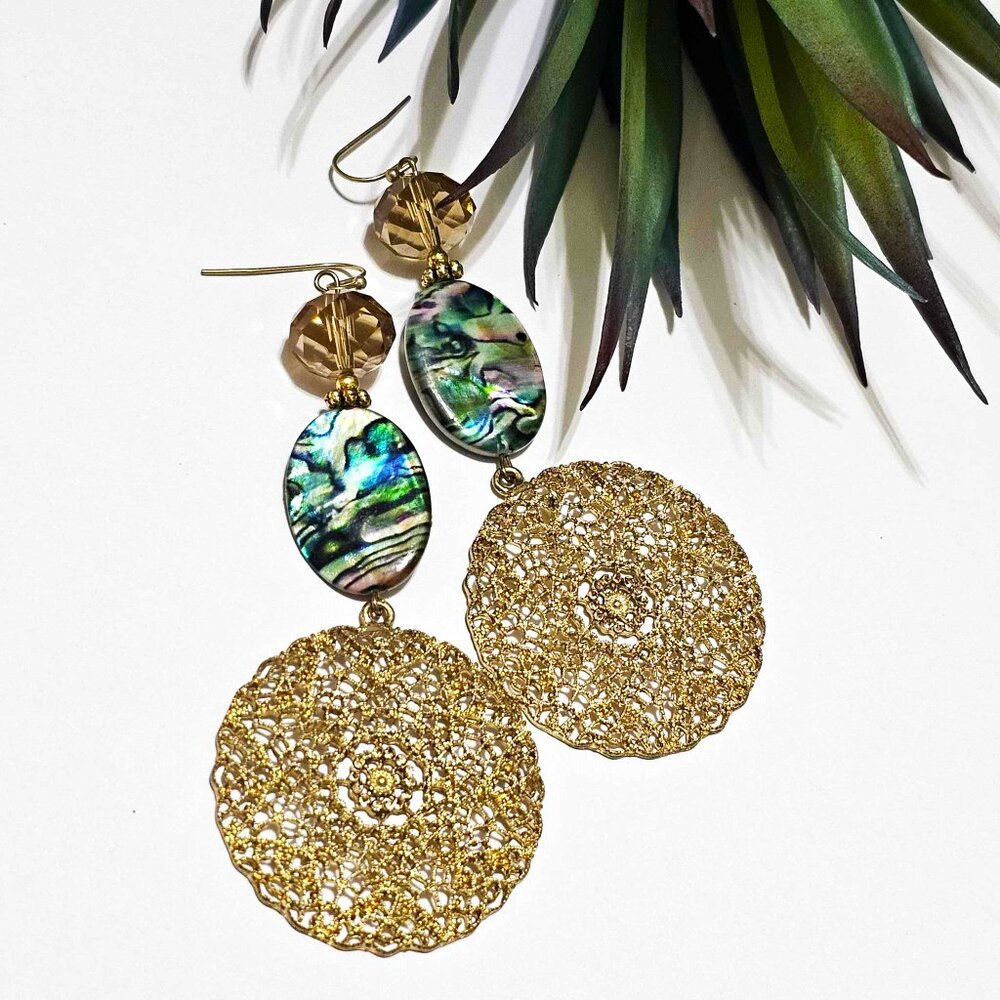 Artisan Earrings. Gold Filigree Medallion. Champagne Pave Crystal. Abalone. - Picture 3 of 6